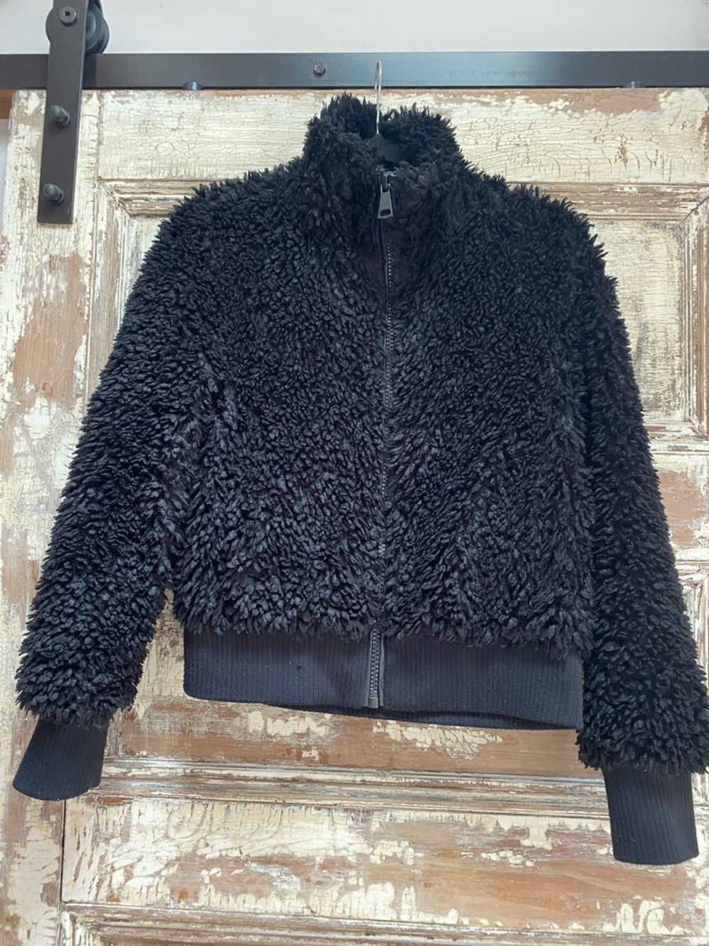 Zara Black Faux Fur Teddy Zip -Up Jacket, Size S